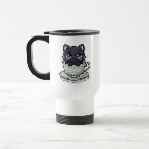 Cute Kawaii Black Cat Vintage Teacup Insulated Travel Mug