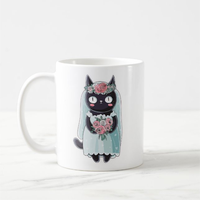 Cute Kawaii Black Cat Wearing a Veil Coffee Mug (Left)