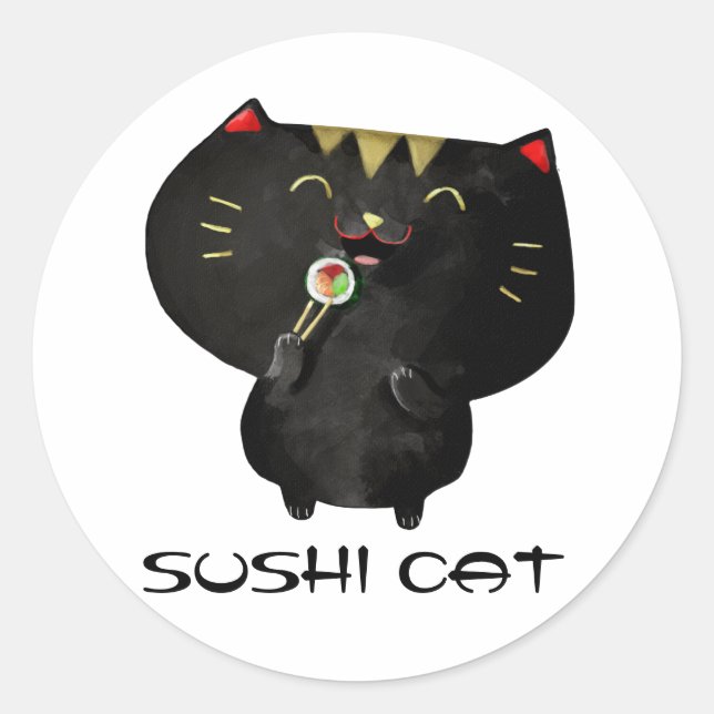 Cute Kawaii Black Sushi Cat Classic Round Sticker (Front)