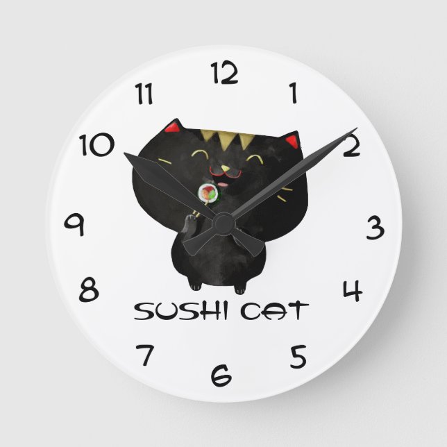 Cute Kawaii Black Sushi Cat Round Clock (Front)