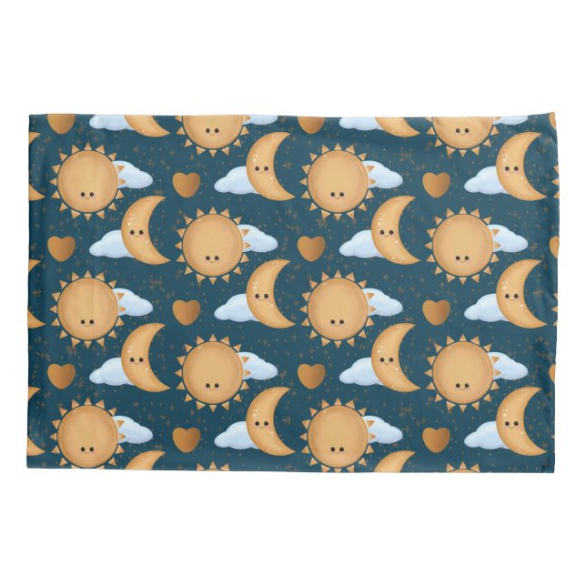 Cute Kawaii Blue Gold Sun Moon Hearts Pillowcase (Back)