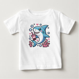 Cute Kawaii Blue Happy Shark Pink Bubble Tea Baby T-Shirt