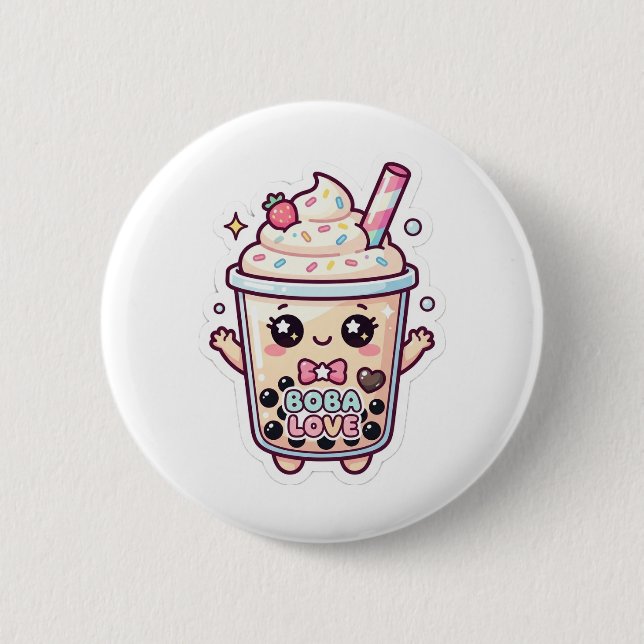 cute kawaii boba bubble tea pin button (Front)