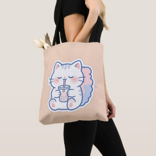 Cute Kawaii Boba Cat Bubble Tea Tote Bag