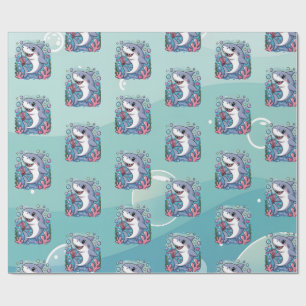 Cute Kawaii Boba Shark Ocean Vibes Pattern Wrapping Paper