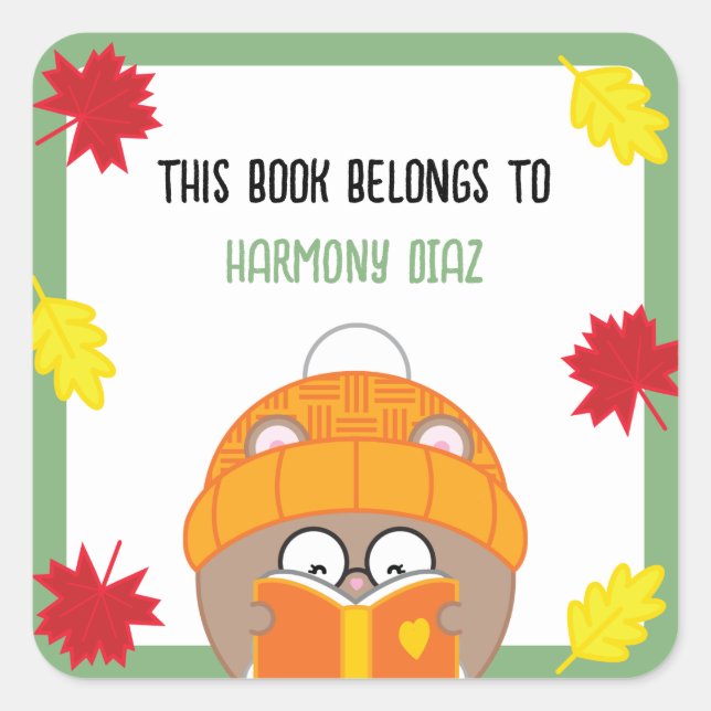 Cute Kawaii Booklover Hamster Fall Bookplate Square Sticker (Front)