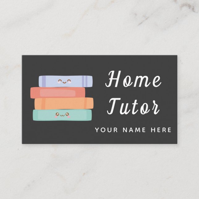 Cute Kawaii Books Home Tutor Teacher Simple Grey Business Card (Front)