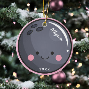 Cute Kawaii Bowling Ball Girl's Name & Year Sporty Ceramic Tree Decoration