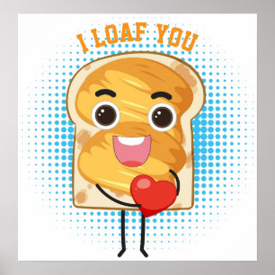 Cute Kawaii Bread Toast Cartoon with Heart – Funny Poster