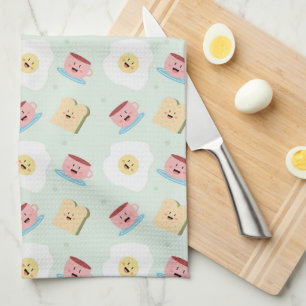 Cute Kawaii Breakfast Egg and Sandwich Pattern Tea Towel