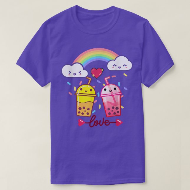 Cute Kawaii Bubble Boba Milk TeaFunny Rainbow Hear T-Shirt (Design Front)