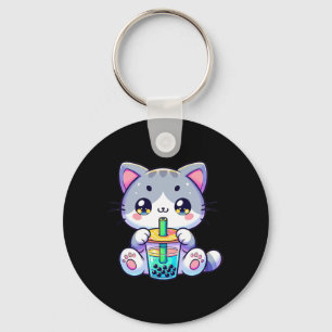 Cute Kawaii Bubble Tea Cat Japanese Kitten Anime Key Ring