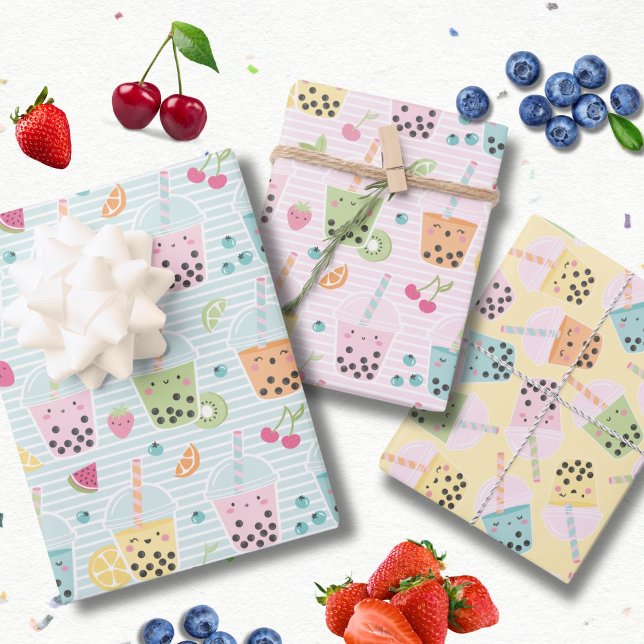 Cute Kawaii Bubble Tea pastel patterns Wrapping Paper Sheet (Creator Uploaded)