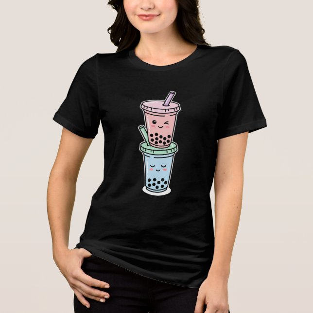 Cute Kawaii Bubble Tea Stack Art Tri-Blend Shirt (Front)