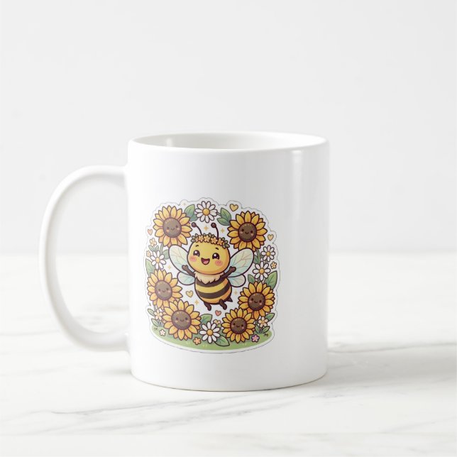 Cute Kawaii Bumble Bee Sunflower Coffee Mug (Left)