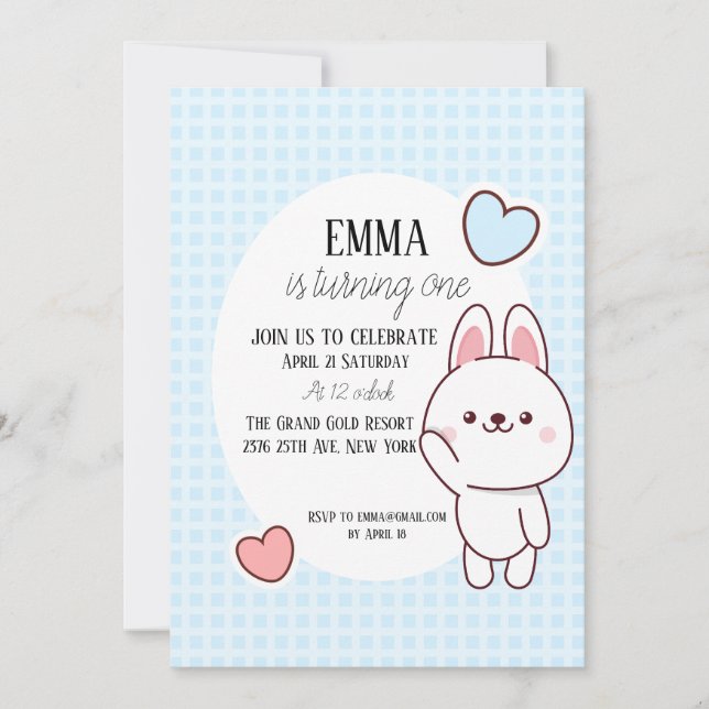 Cute Kawaii Bunny 1st Birthday Invitation (Front)