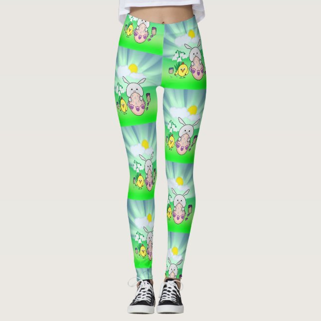 Cute Kawaii Bunny and chick Happy Easter pattern Leggings (Front)