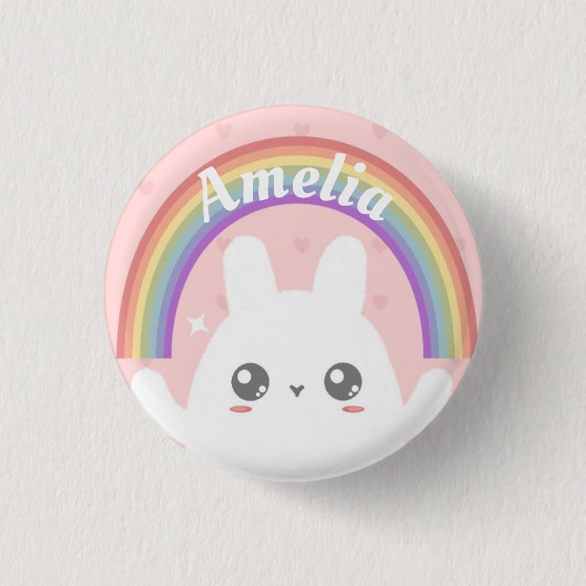 Cute Kawaii Bunny and Rainbow Personalised 3 Cm Round Badge (Front)
