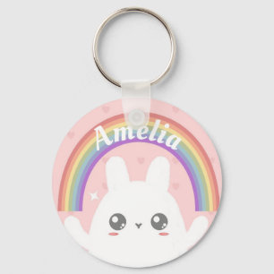 Cute Kawaii Bunny and Rainbow Personalised Key Ring