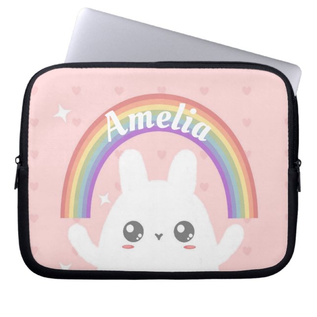 Cute Kawaii Bunny and Rainbow Personalised Laptop Sleeve (Front)