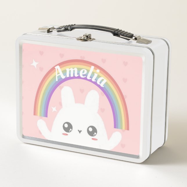Cute Kawaii Bunny and Rainbow Personalised Metal Lunch Box (Front)