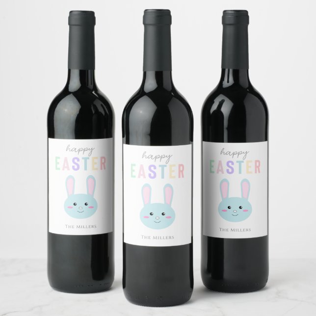 Cute Kawaii Bunny Blue Happy Easter Modern Wine Label (Bottles)
