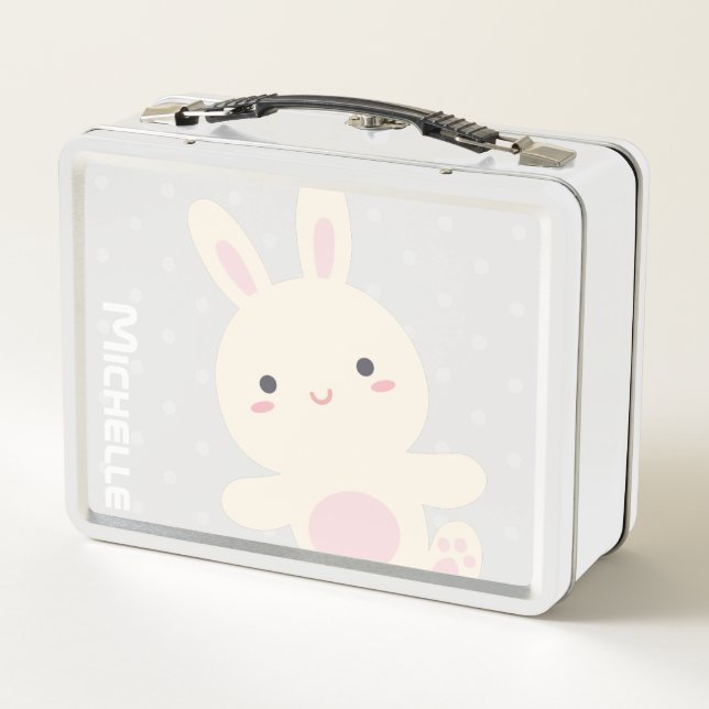 Cute Kawaii Bunny & Polka Dots Kids Custom Name Metal Lunch Box (Back)