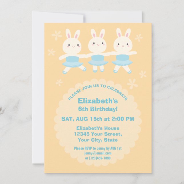 Cute Kawaii Bunny Rabbit Ballerina Girl Birthday Invitation (Front)