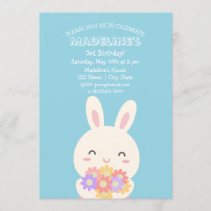 Cute Kawaii Bunny Rabbit & Flowers Kids Birthday Invitation