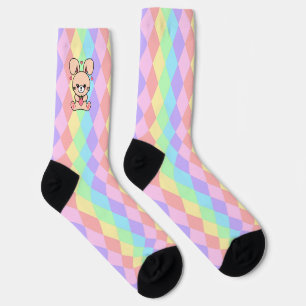Cute Kawaii Bunny Rabbit on Pastel Diamonds Socks