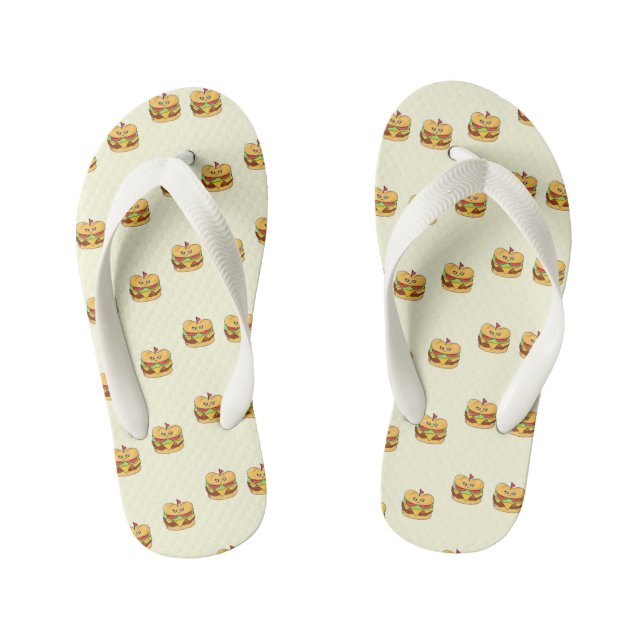 Cute kawaii burgers pattern on cream kid's flip flops (Footbed)