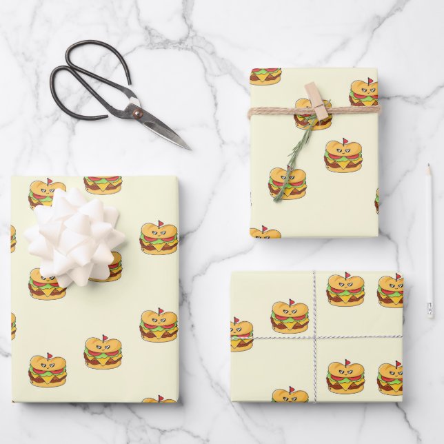 Cute kawaii burgers pattern on cream wrapping paper sheet (Front)