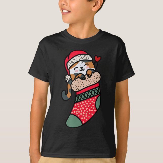 Cute Kawaii Calico Cat In Christmas Sock T-Shirt (Front)