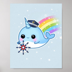 Cute kawaii captain narwhal with rainbow poster