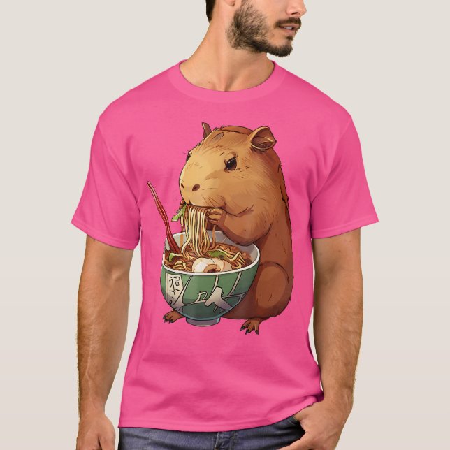 Cute Kawaii Capybara Eating Japanese Ramen Noodles T-Shirt (Front)