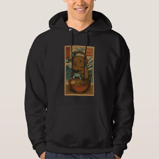 Cute Kawaii Capybara Gamer Eating Ramen Japanese V Hoodie (Front)