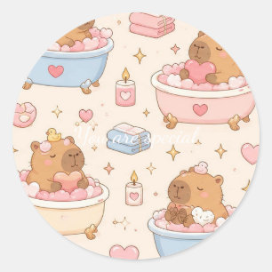 Cute Kawaii Capybara Heart Bath Pattern Classic Round Sticker