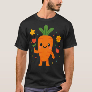 Cute Kawaii Carrot Holding Flower  Happy Vegetable T-Shirt