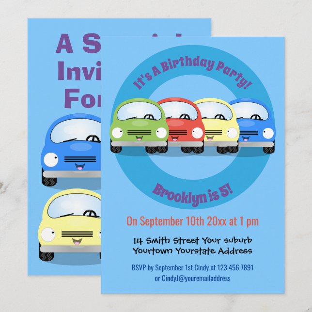 Cute kawaii cars cartoon illustration invitation (Front/Back)