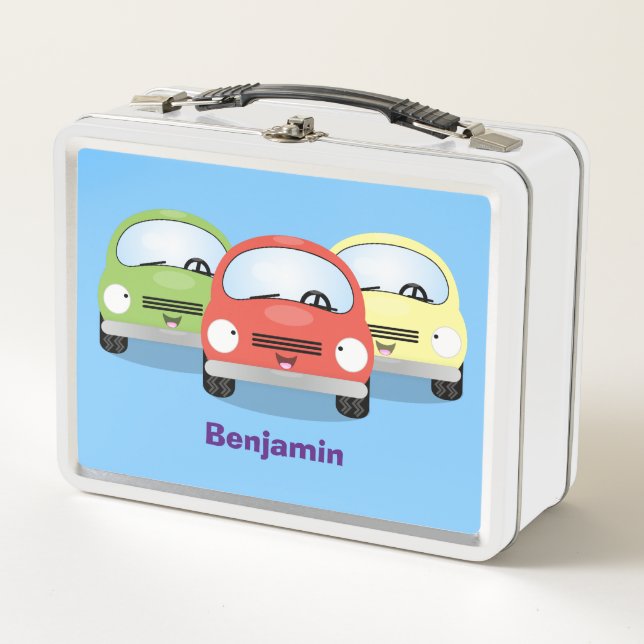 Cute kawaii cars cartoon illustration metal lunch box (Front)