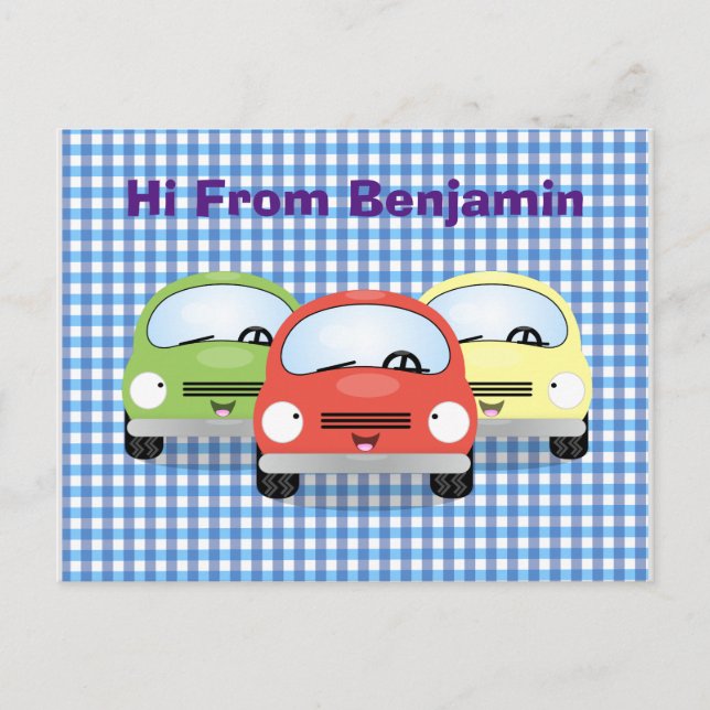 Cute kawaii cars cartoon illustration postcard (Front)