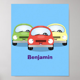 Cute kawaii cars cartoon illustration poster