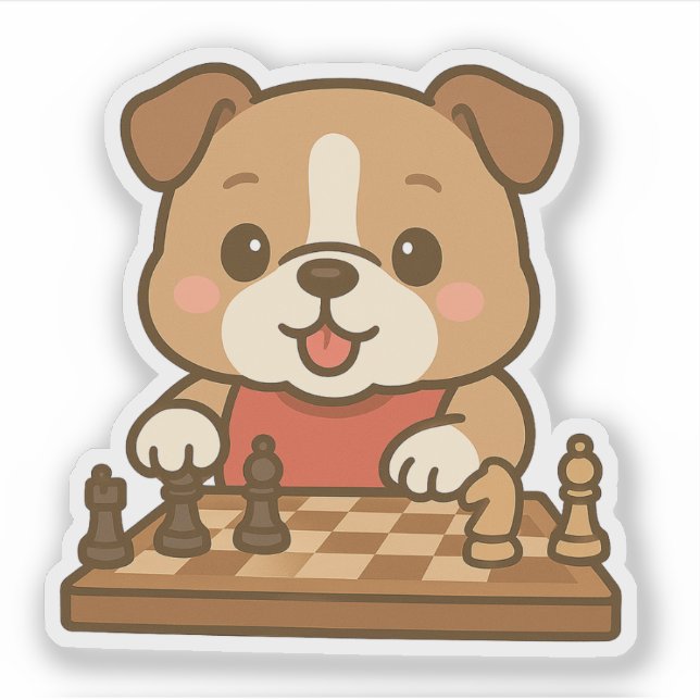 Cute Kawaii Cartoon Bulldog Dog Playing Chess (Front)