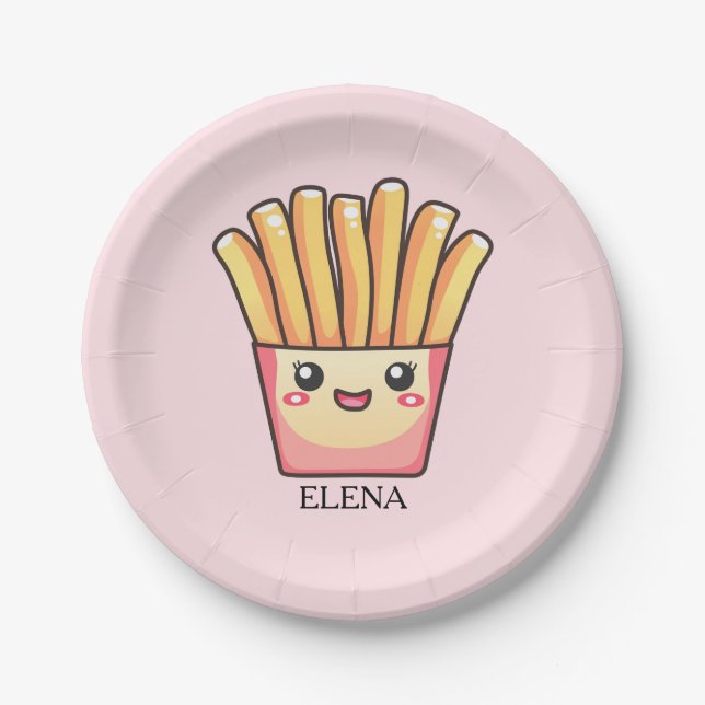 Cute kawaii cartoon fries with your name on it paper plate (Front)