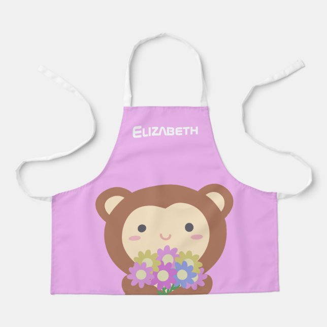 Cute Kawaii Cartoon Monkey and Flowers Apron (Front)
