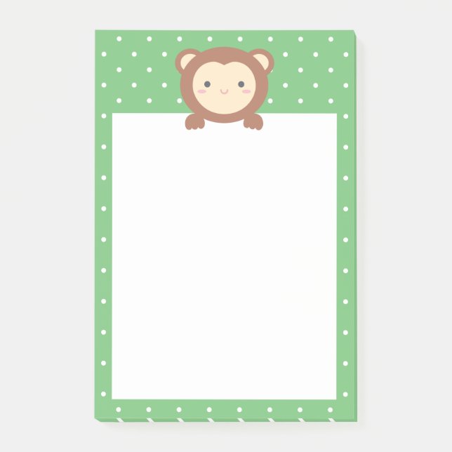 Cute Kawaii Cartoon Monkey Green Polka Dots Post-it Notes (Front)