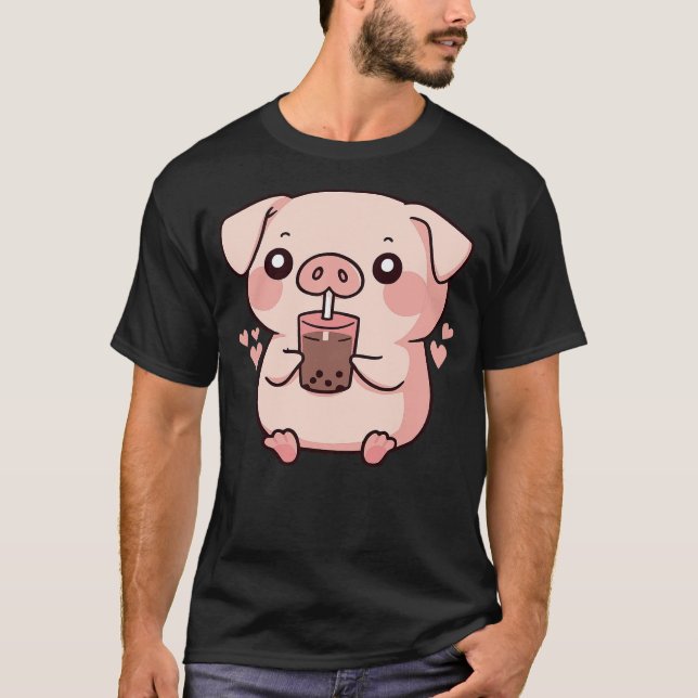 Cute kawaii cartoon pig drinking bubble tea (2) T-Shirt (Front)