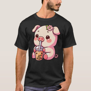 Cute Kawaii Cartoon Pig Drinking Bubble Tea Kids, T-Shirt
