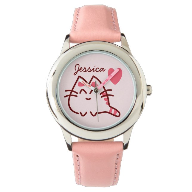 Cute Kawaii Cat and Heart Personalised Watch (Front)