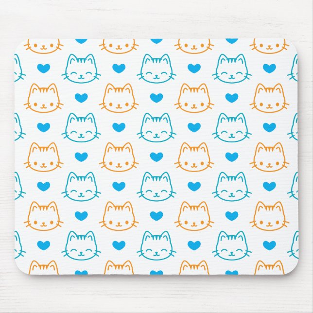 Cute Kawaii Cat and Hearts Pastel Pattern Mouse Mat (Front)